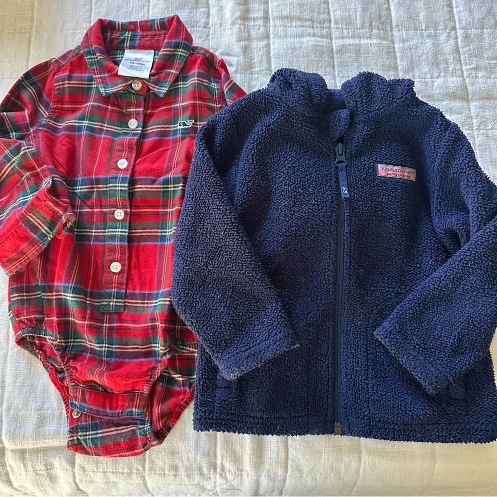 Vineyard Vines Red Plaid Onesie and Navy Fleece Jacket